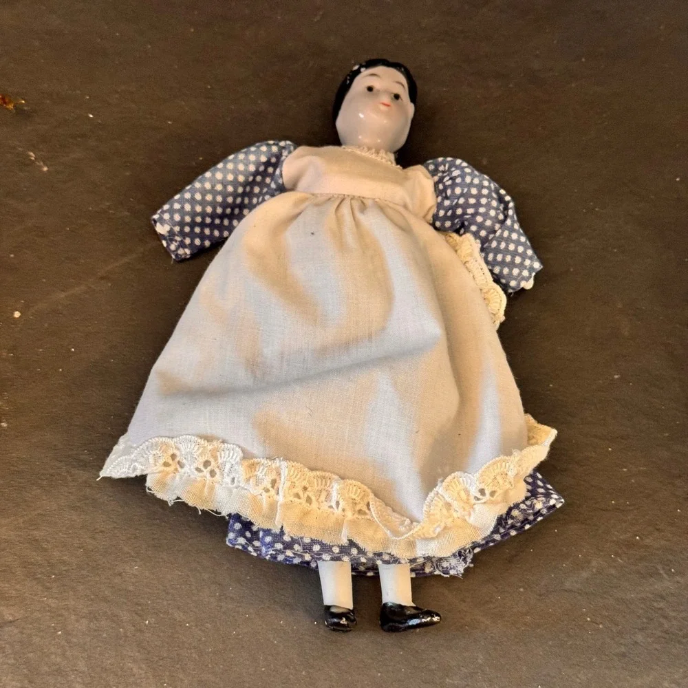 Vintage Porcelain China Doll Small Miniature Blue White Dress Collectible‎